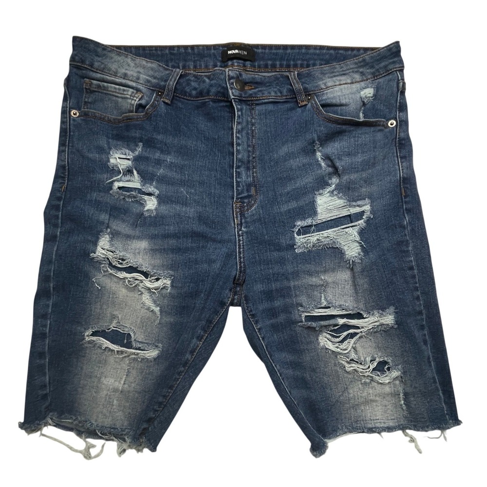 Fashion Nova Men Denim Shorts Mens 36 Blue Distressed Ripped Raw Hem Jean Shorts